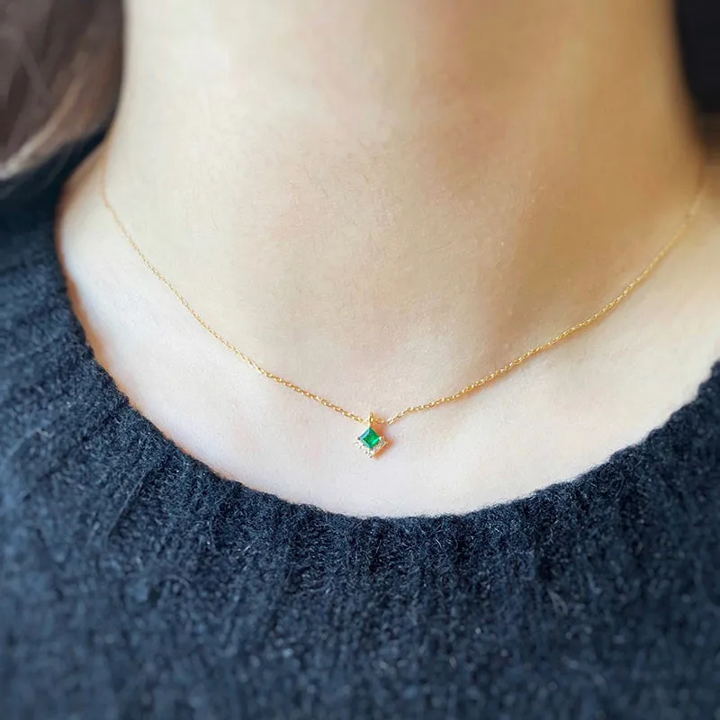 0.15 Carat Square Natural Emerald 18K Gold 0.025ct Real Natural Diamond Gemstone Vintage Pendant Necklace