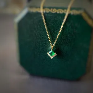 0.15 Carat Square Natural Emerald 18K Gold 0.025ct Real Natural Diamond Gemstone Vintage Pendant Necklace