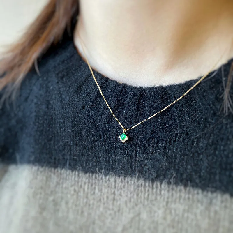 0.15 Carat Square Natural Emerald 18K Gold 0.025ct Real Natural Diamond Gemstone Vintage Pendant Necklace