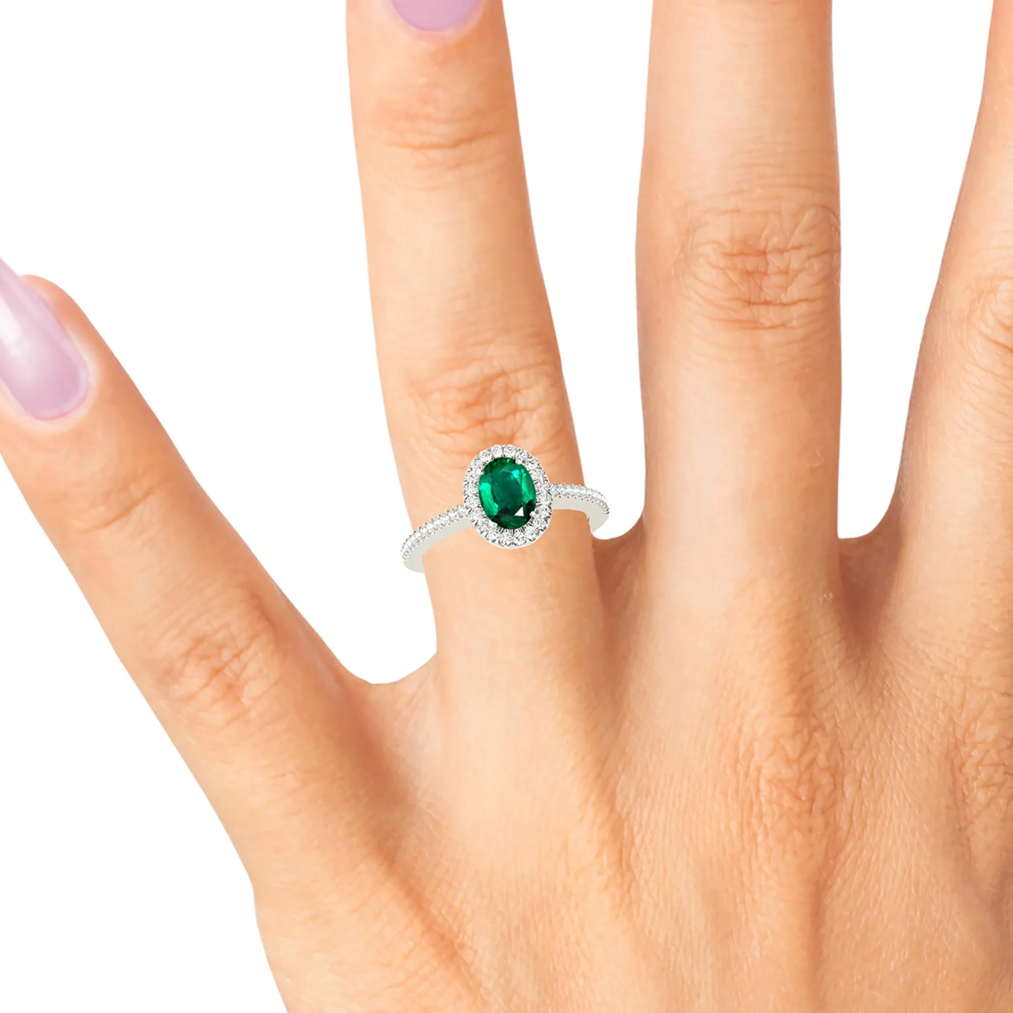 1.00 ct. Genuine Oval Emerald Ring With Halo and Diamond Thin Shank