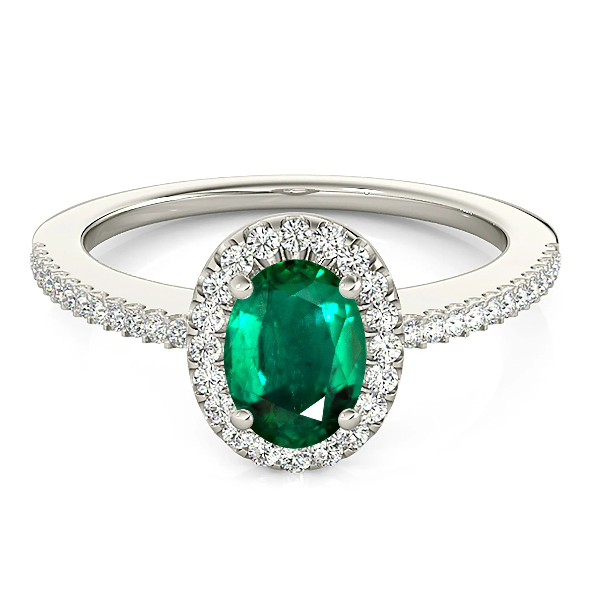 1.00 ct. Genuine Oval Emerald Ring With Halo and Diamond Thin Shank