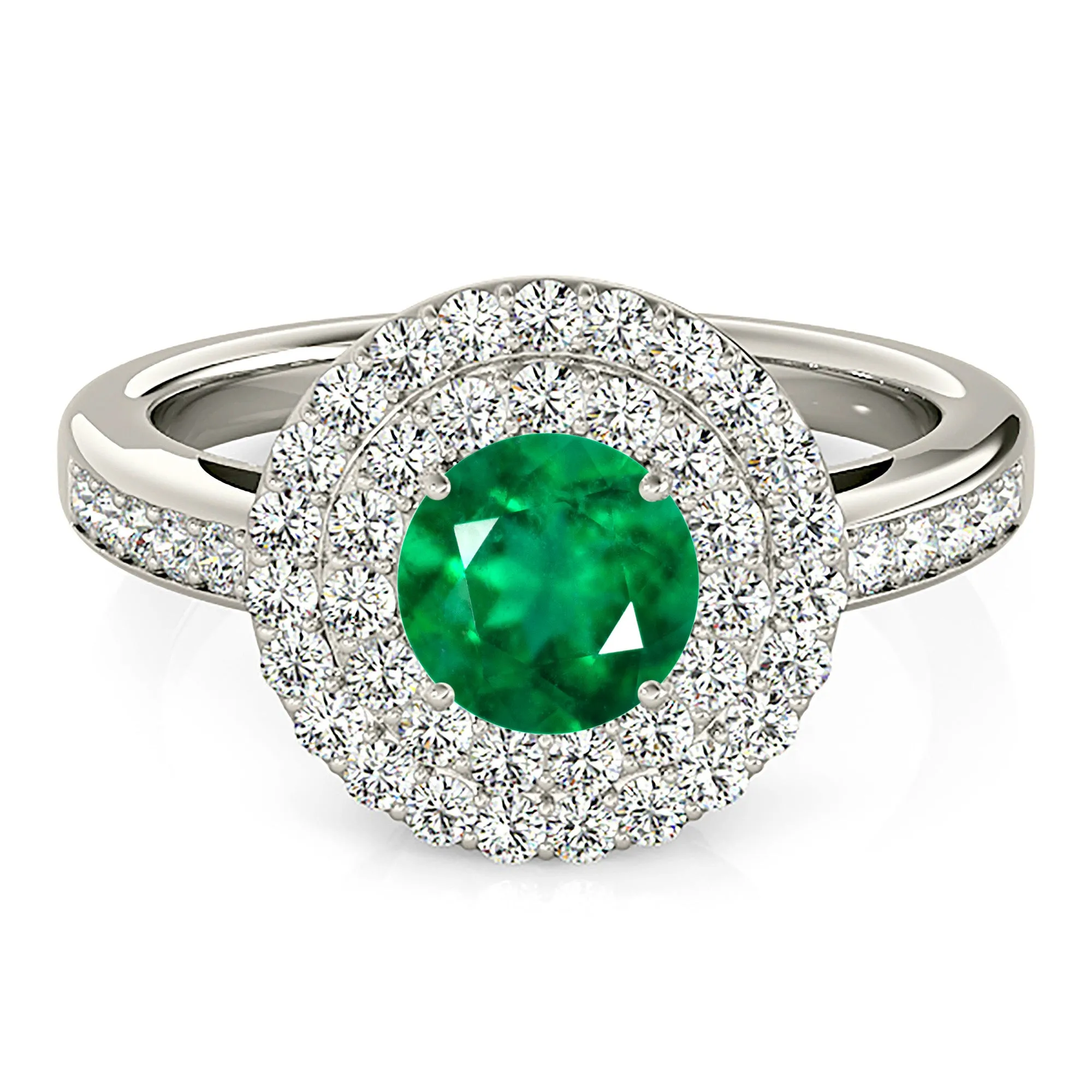 1.15 ct. Genuine Emerald Ring With Double Halo And Delicate Diamond Band