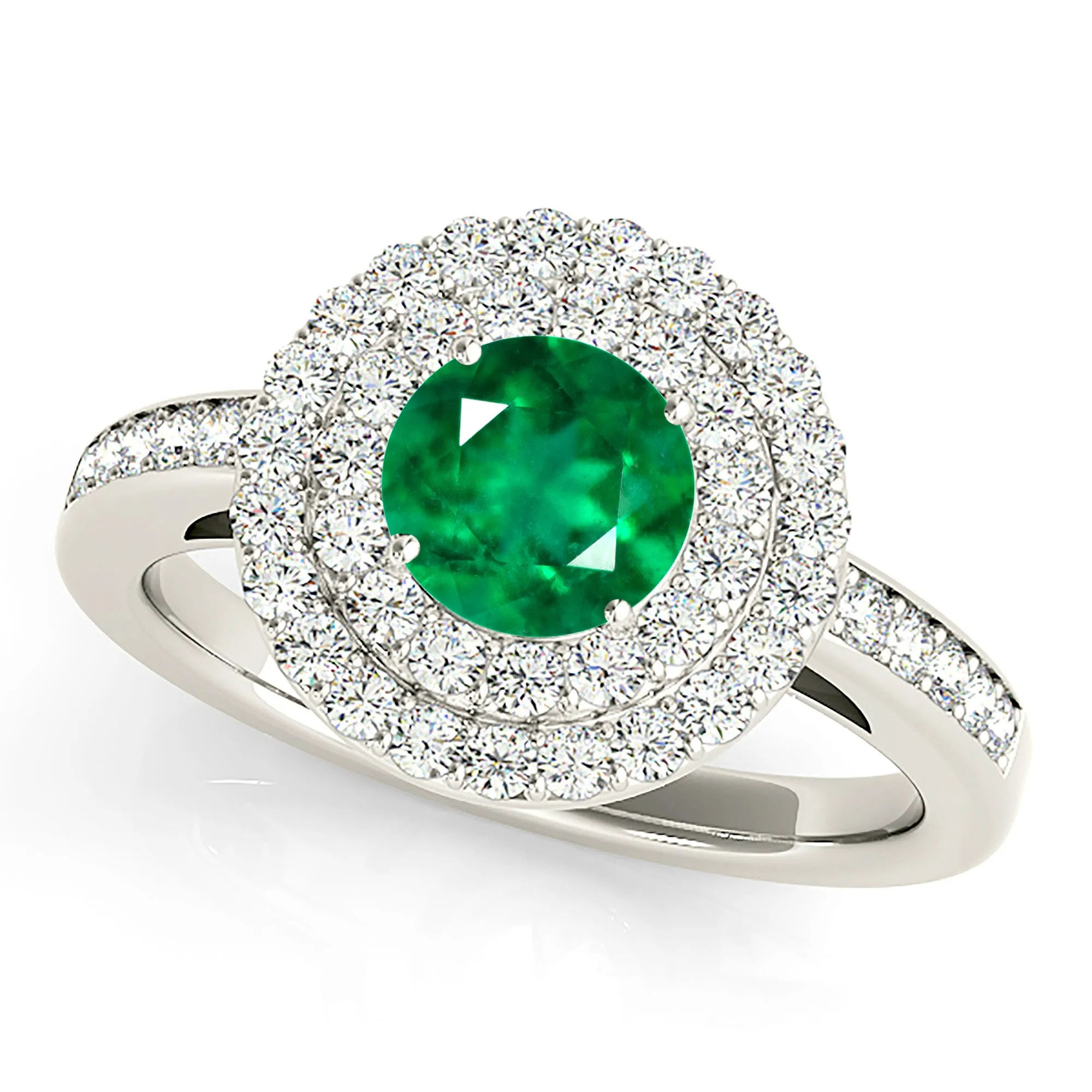 1.15 ct. Genuine Emerald Ring With Double Halo And Delicate Diamond Band
