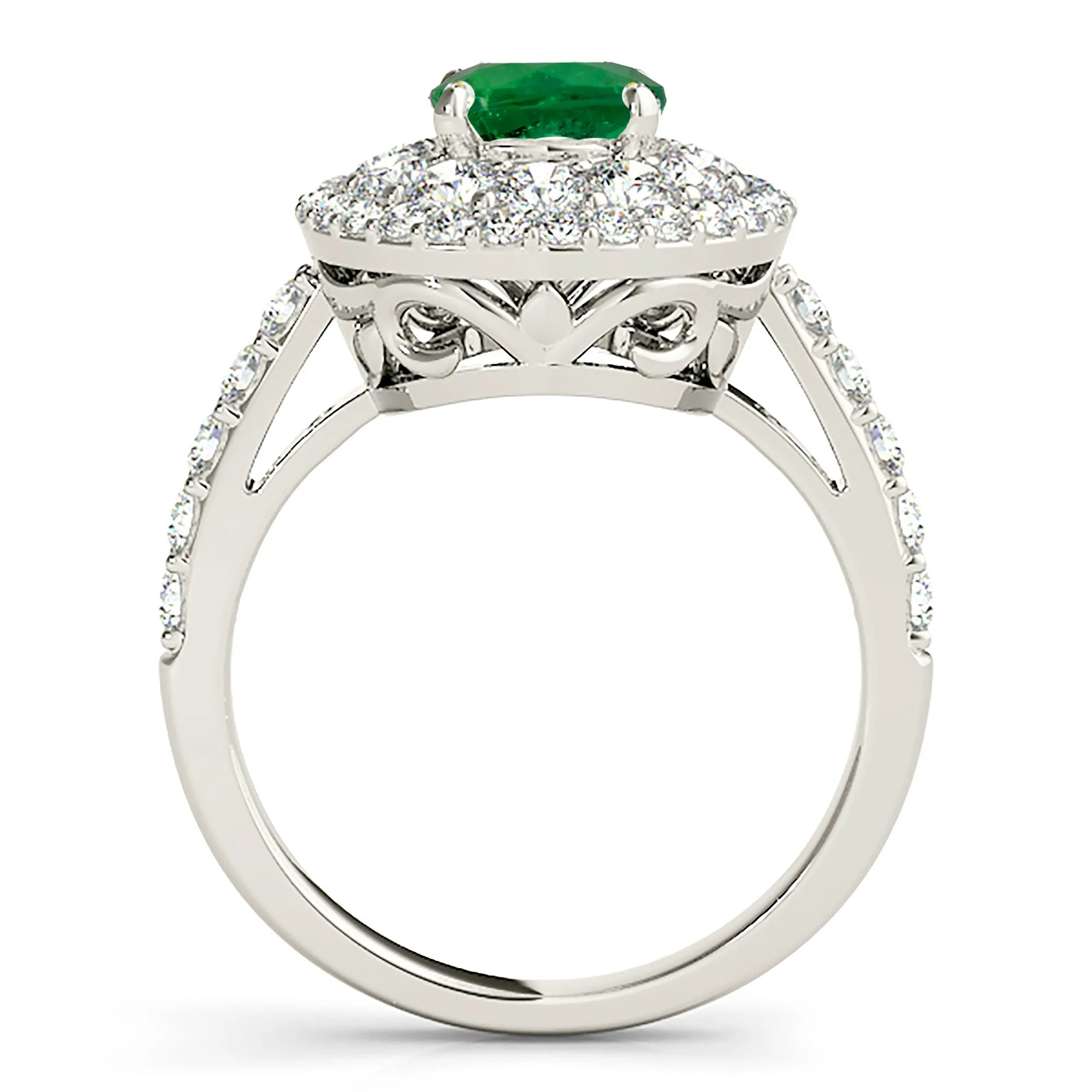 1.15 ct. Genuine Emerald Ring With Double Halo And Delicate Diamond Band