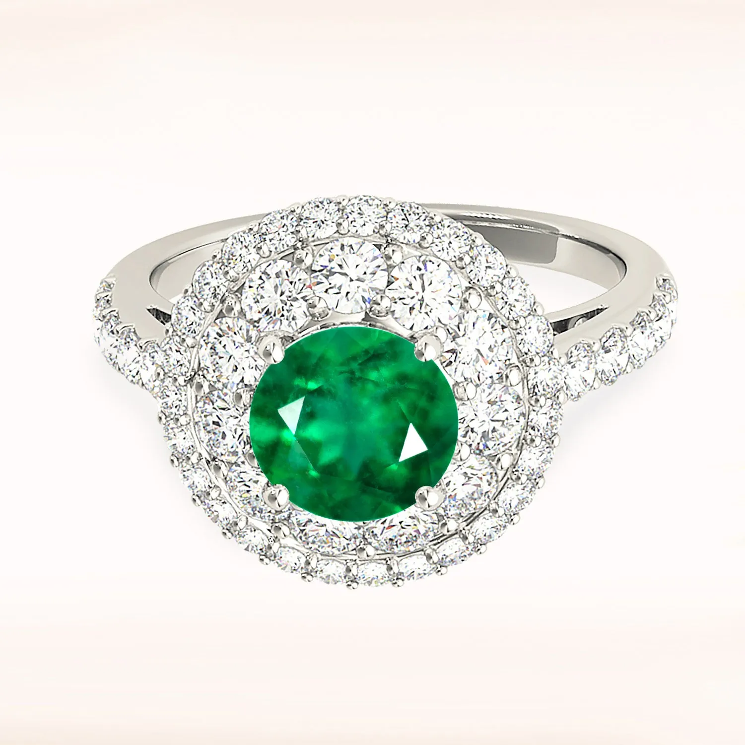 1.15 ct. Genuine Emerald Ring With Double Halo And Delicate Diamond Band