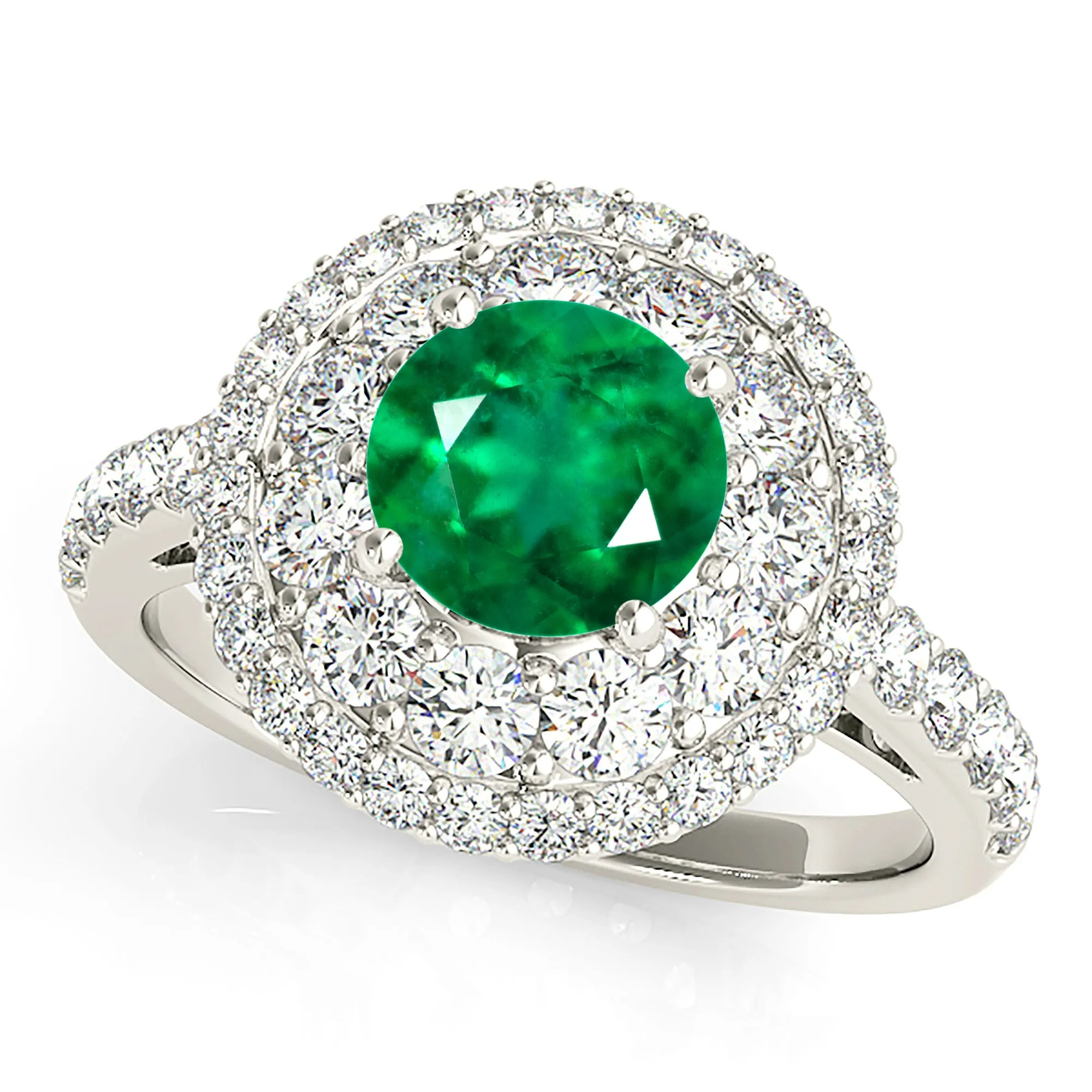 1.15 ct. Genuine Emerald Ring With Double Halo And Delicate Diamond Band