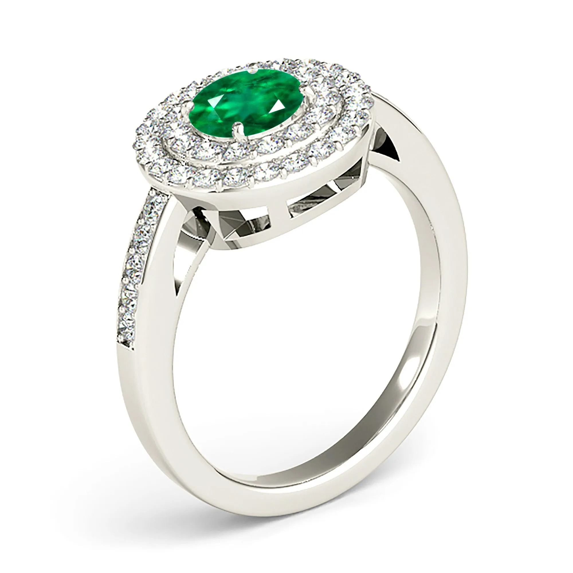 1.15 ct. Genuine Emerald Ring With Double Halo And Delicate Diamond Band