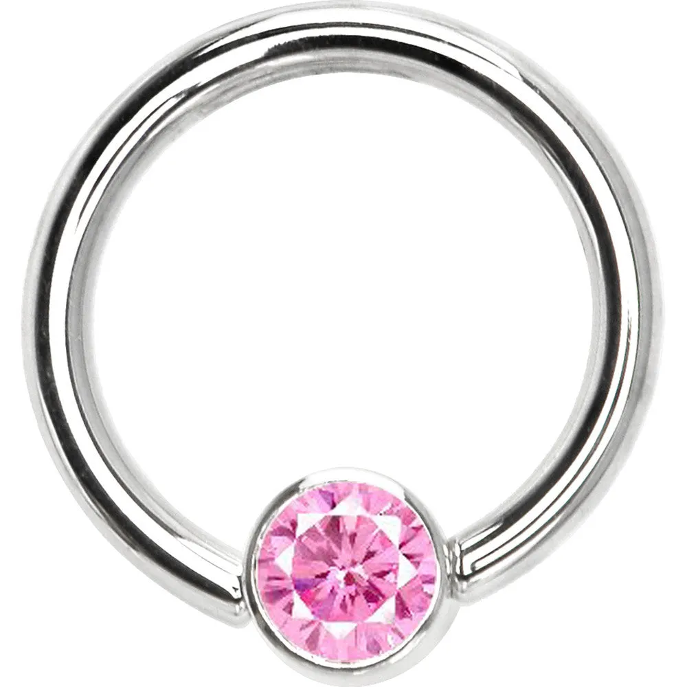 14 Gauge 3/8 Solid 14KT White Gold Pink CZ Gem Captive Ring