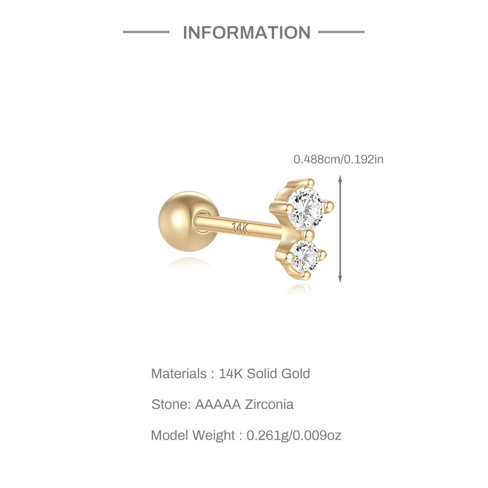 14k GOLD Solid Gold Double CZ Diamond Ball Back Earrings