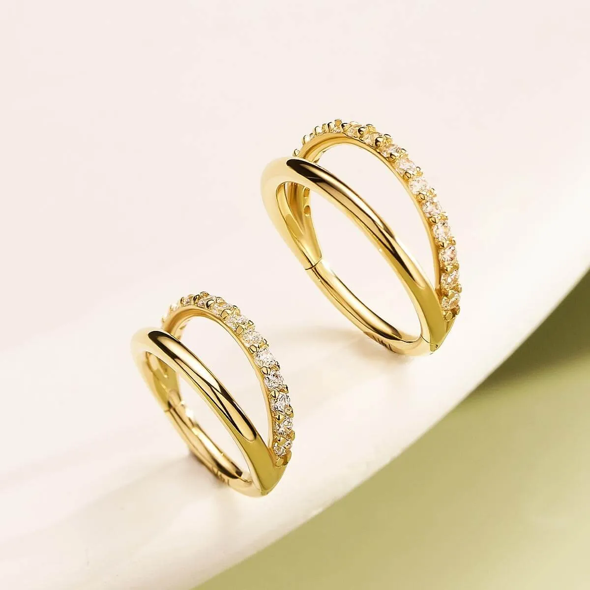 14K Solid Gold 16G Semi Gem Double Hoop Hinged Segment Ring