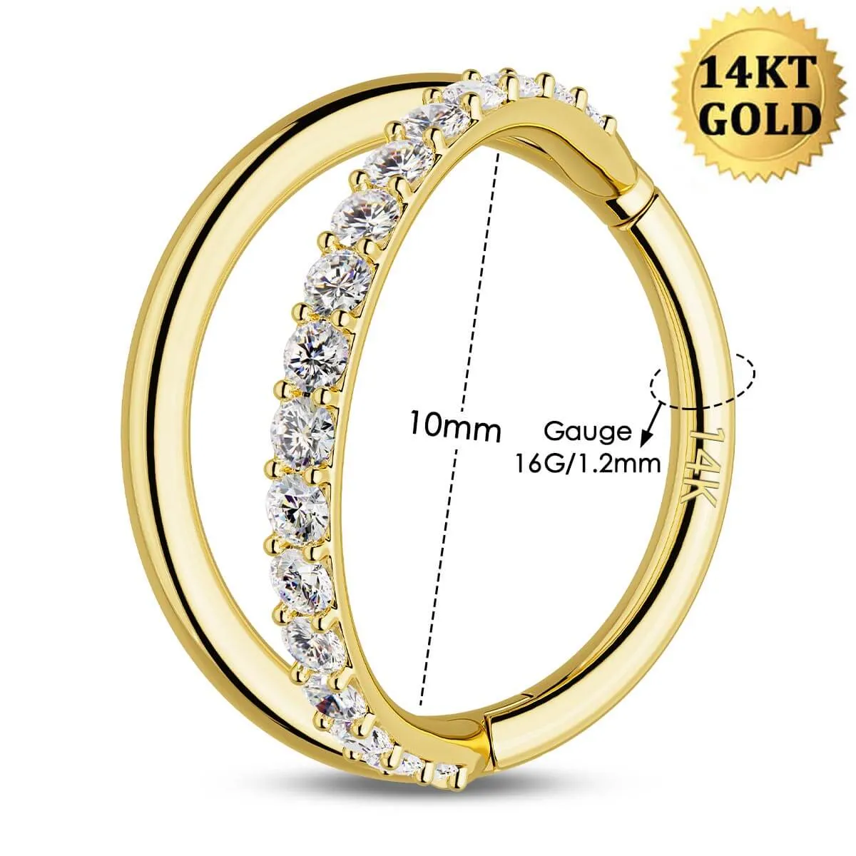 14K Solid Gold 16G Semi Gem Double Hoop Hinged Segment Ring