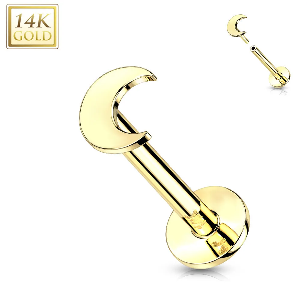 14K Solid Gold Flat Moon Top Threadless Push-In Labret for Cartilage Monroe