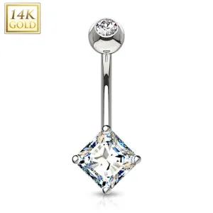 14K Solid Gold Square Princess Cut CZ Belly Button Navel Ring