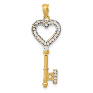 14k Yellow Gold White Rhodium Polished Heart Key Charm
