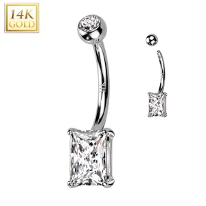 14kt Solid White Gold 6mm Princess Cubic Zirconia Belly Ring