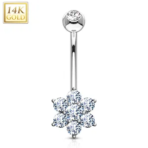 14kt Solid White Gold Fancy Cubic Zirconia Flower Belly Ring