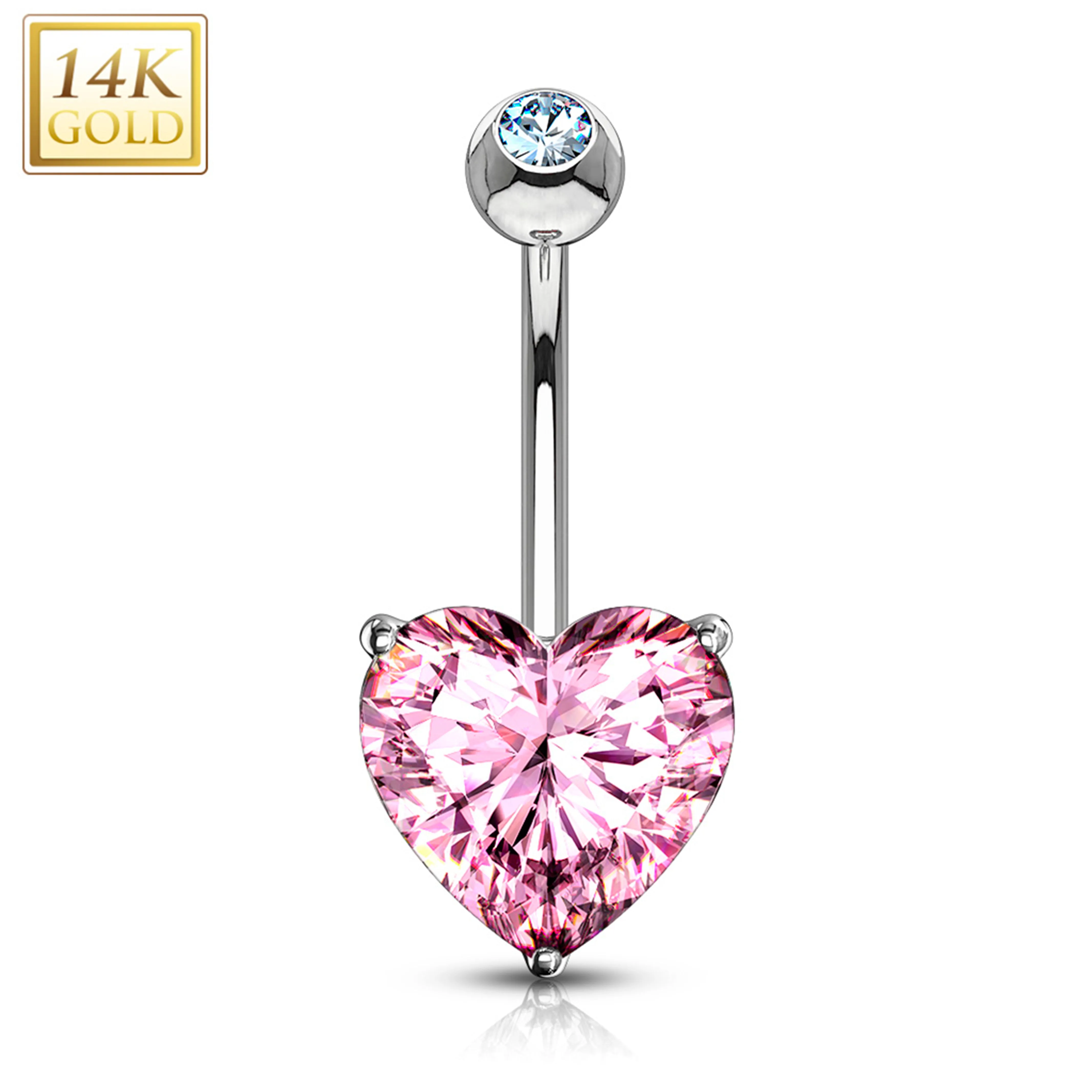 14kt Solid White Gold Prong Set Pink 6mm CZ Heart Belly Ring