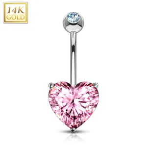 14kt Solid White Gold Prong Set Pink 6mm CZ Heart Belly Ring