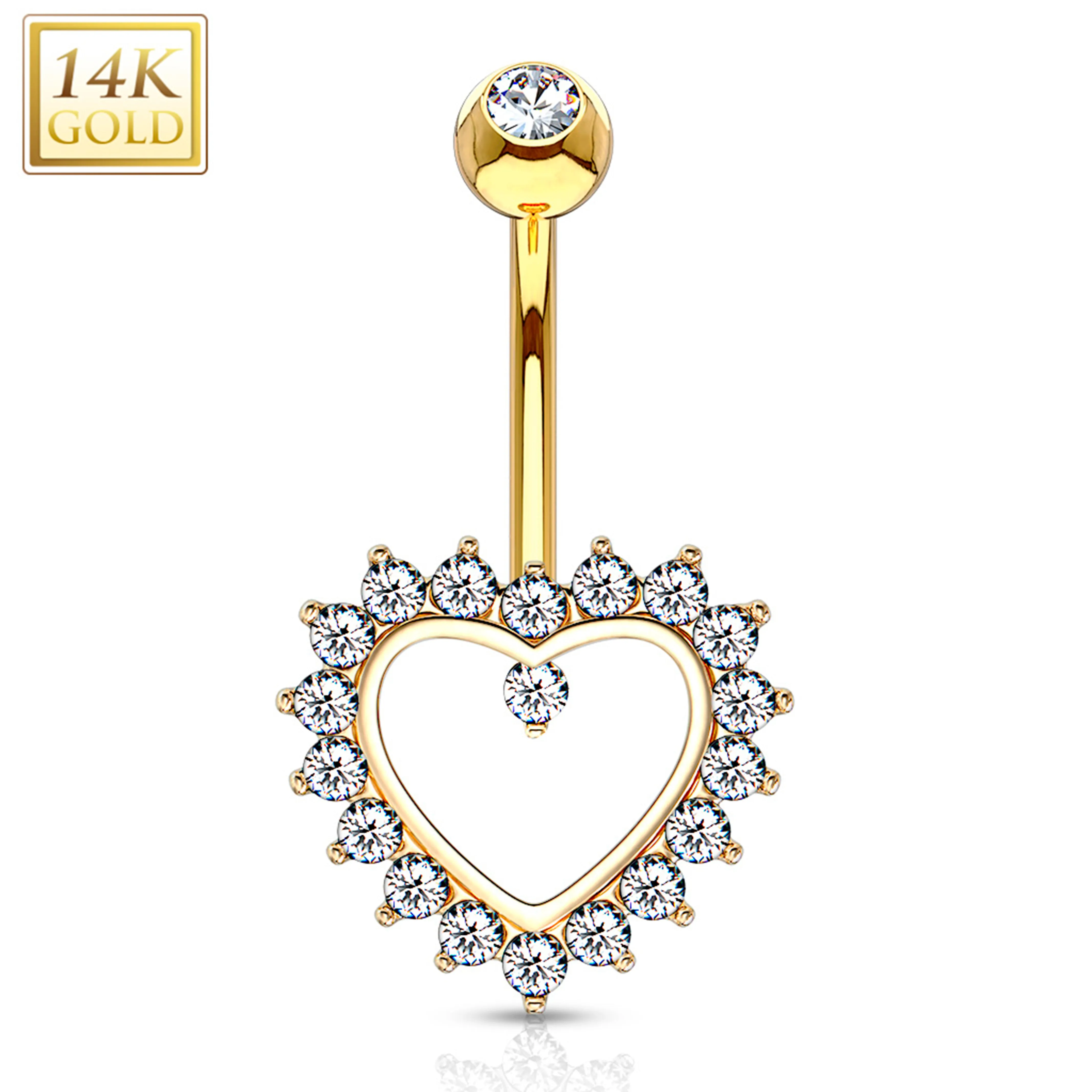 14kt Solid Yellow Gold Cubic Zirconia Paved Hollow Heart Belly Ring