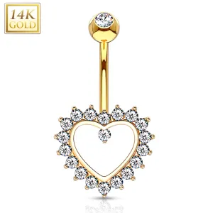 14kt Solid Yellow Gold Cubic Zirconia Paved Hollow Heart Belly Ring