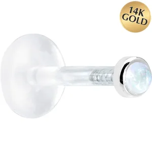 16 Gauge 1/4 Solid 14KT White Gold 2mm Genuine Rainbow Moonstone Bioplast Cartilage Earring Stud
