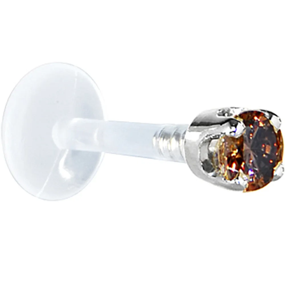 16 Gauge 1/4 Solid 14KT White Gold 3mm Brown Cubic Zirconia Bioplast Tragus Earring Stud