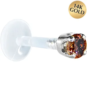 16 Gauge 1/4 Solid 14KT White Gold 3mm Brown Cubic Zirconia Bioplast Tragus Earring Stud