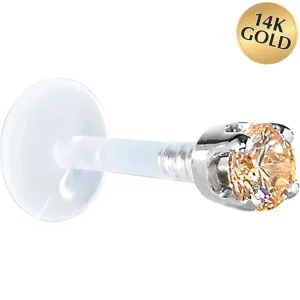 16 Gauge 5/16 Solid 14KT White Gold 3mm Champagne Cubic Zirconia Bioplast Tragus Earring Stud