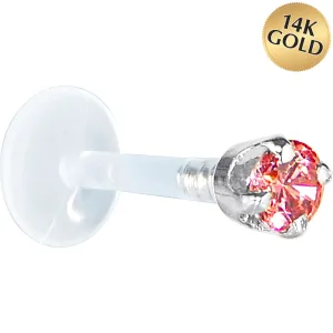 16 Gauge 5/16 Solid 14KT White Gold 3mm Salmon Cubic Zirconia Bioplast Tragus Earring Stud