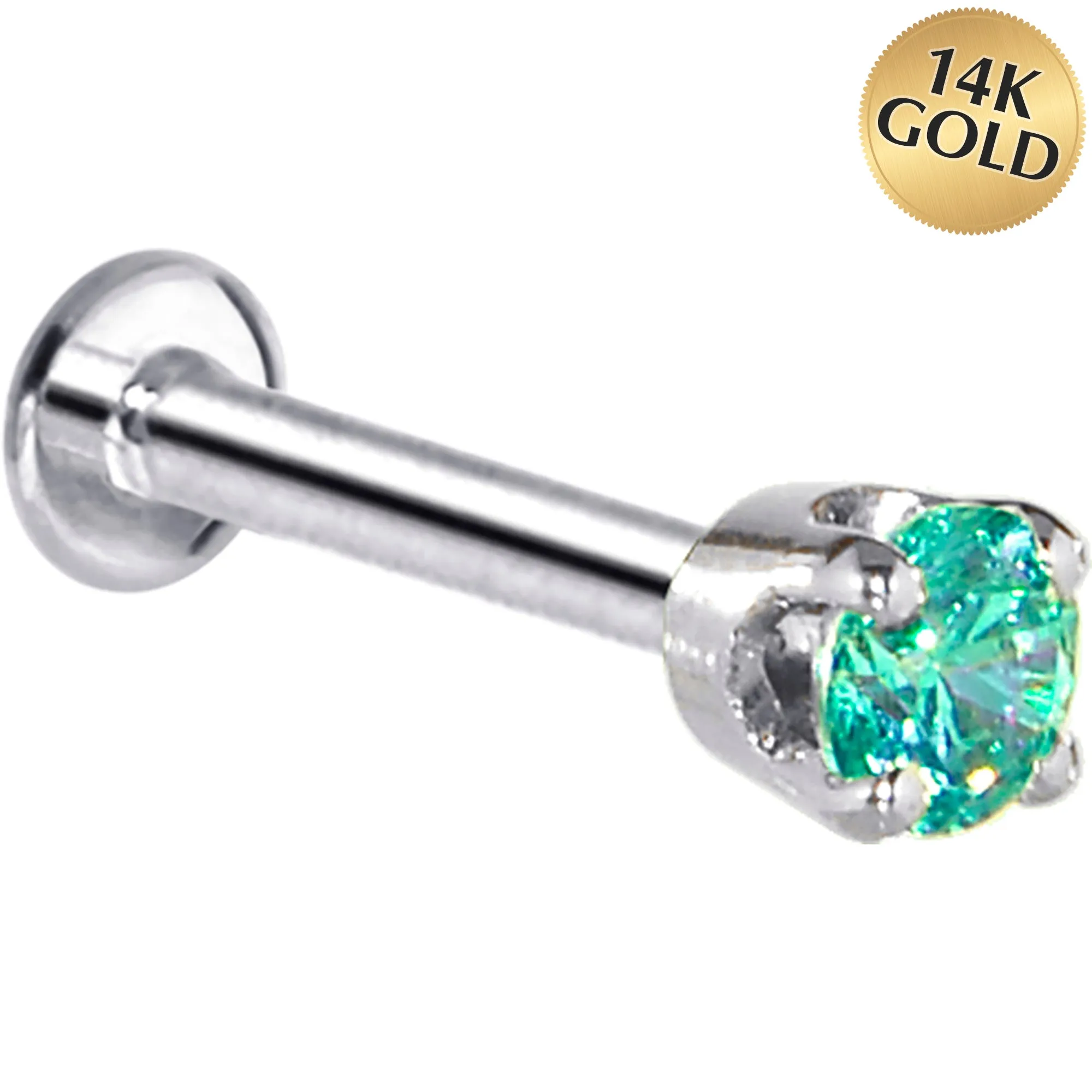 16 Gauge Solid 14KT White Gold 3mm Mint Green Cubic Zirconia Tragus Earring Stud
