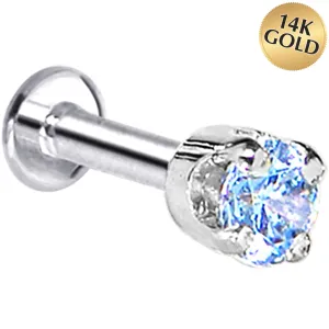 16 Gauge Solid 14KT White Gold 3mm Plexi Blue Cubic Zirconia Tragus Earring Stud