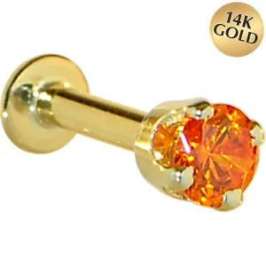 16 Gauge Solid 14KT Yellow Gold 3mm Orange Cubic Zirconia Tragus Earring Stud