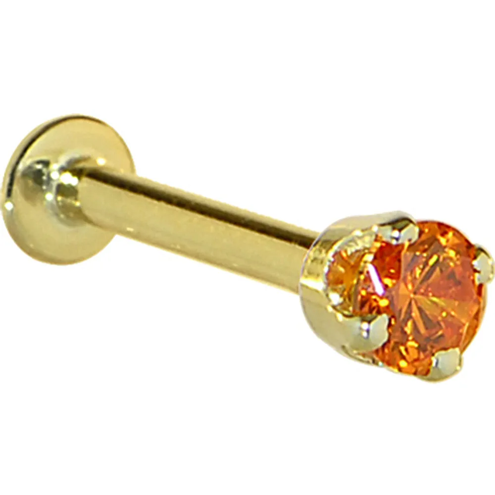 16 Gauge Solid 14KT Yellow Gold 3mm Orange Cubic Zirconia Tragus Earring Stud