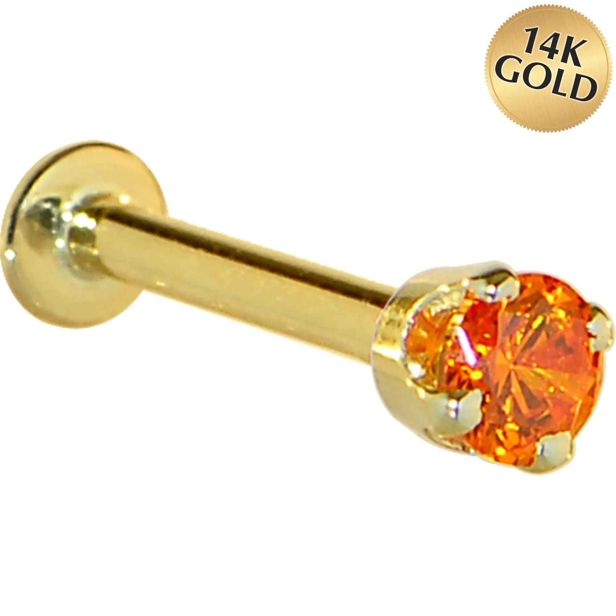 16 Gauge Solid 14KT Yellow Gold 3mm Orange Cubic Zirconia Tragus Earring Stud