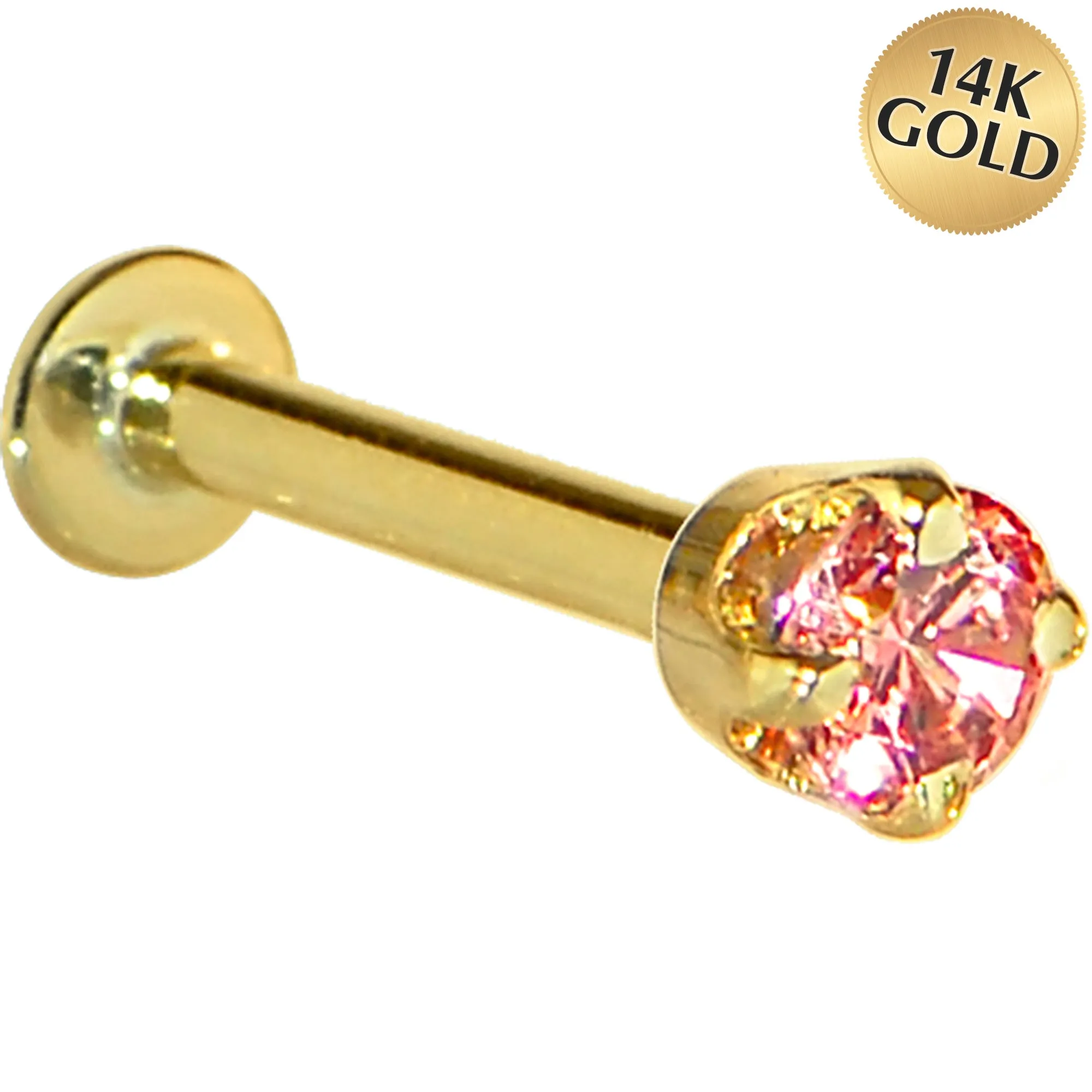 16 Gauge Solid 14KT Yellow Gold 3mm Salmon Cubic Zirconia Tragus Earring Stud