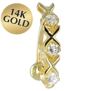 16 Gauge Solid 14kt Yellow Gold Top Mount Cubic Zirconia Xoxo Belly Ring