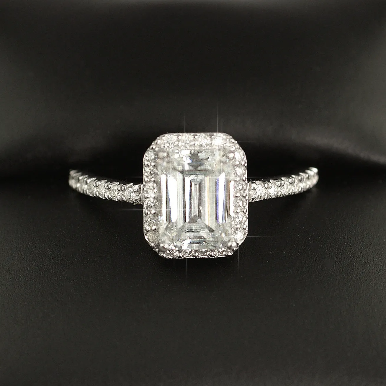 1.77 CTW Moissanite Emerald Cut Halo Engagement Ring