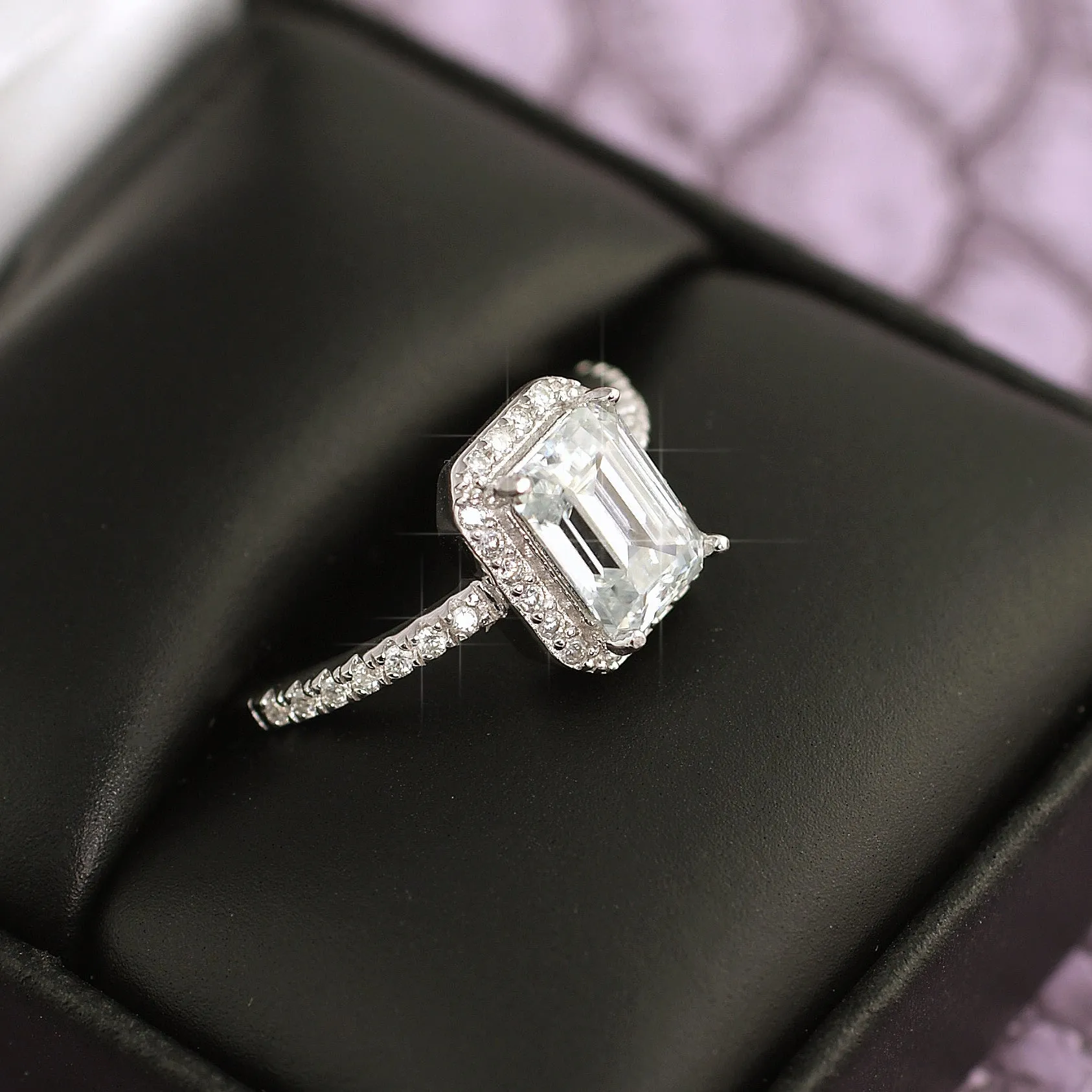 1.77 CTW Moissanite Emerald Cut Halo Engagement Ring