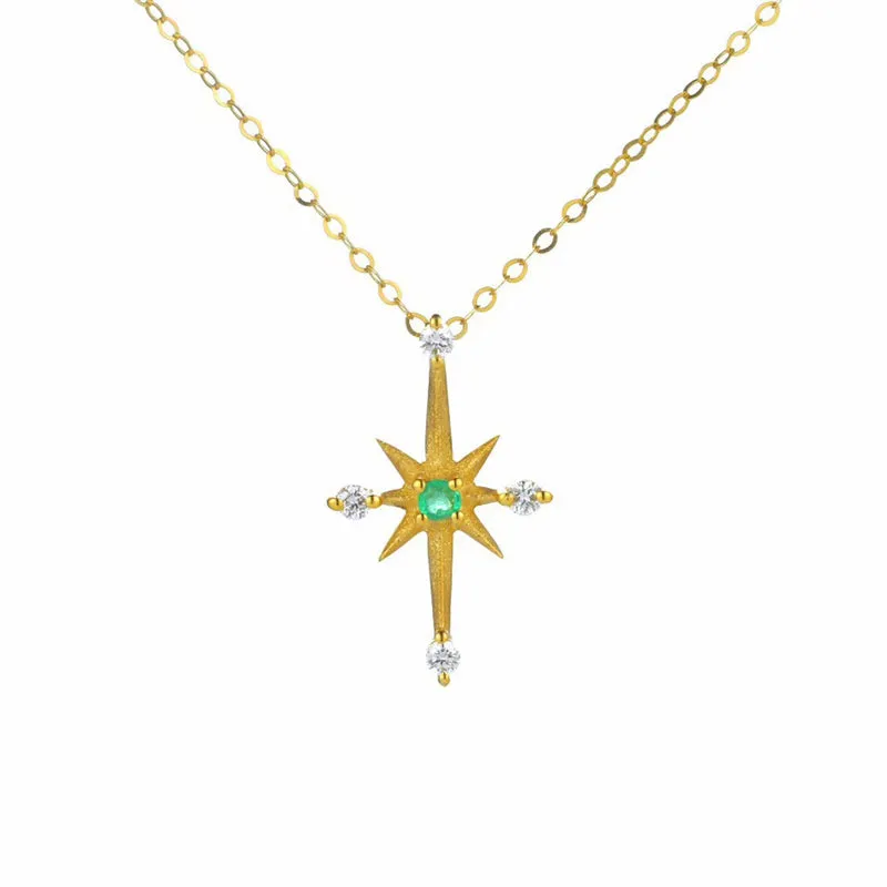 18K Gold Natural Emerald Diamond Cross Pendant Necklace