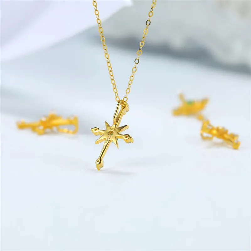 18K Gold Natural Emerald Diamond Cross Pendant Necklace