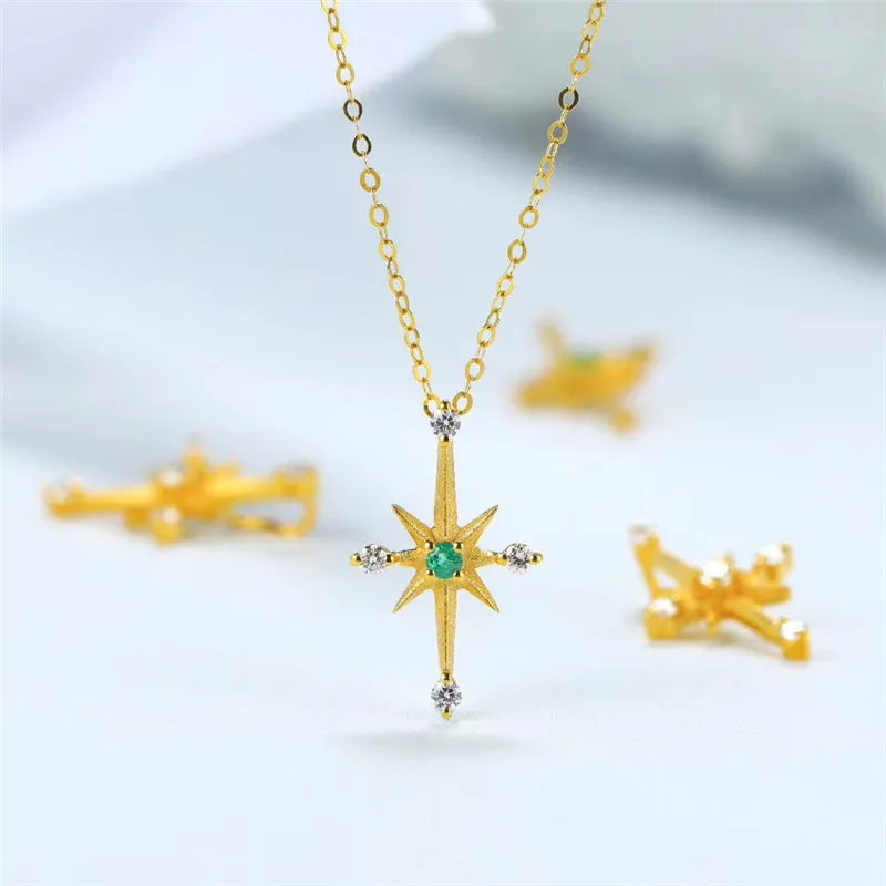 18K Gold Natural Emerald Diamond Cross Pendant Necklace