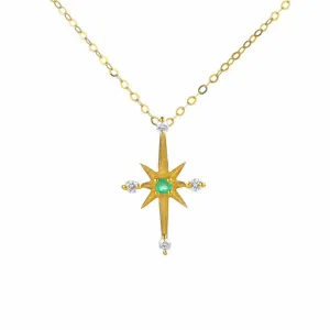 18K Gold Natural Emerald Diamond Cross Pendant Necklace