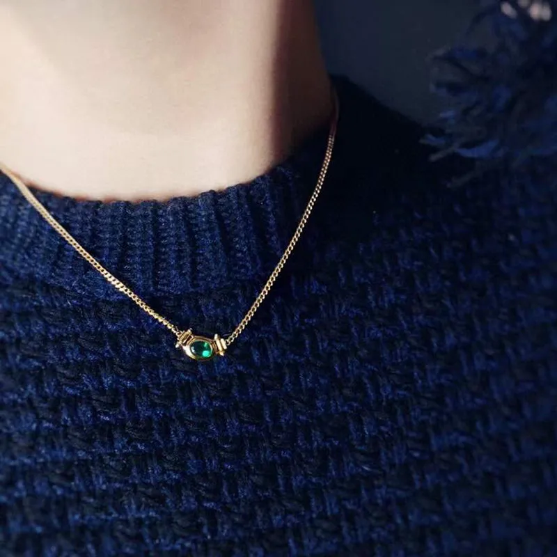 18K Gold Oval Cut 0.40ct Natural Emerald Necklace 18"