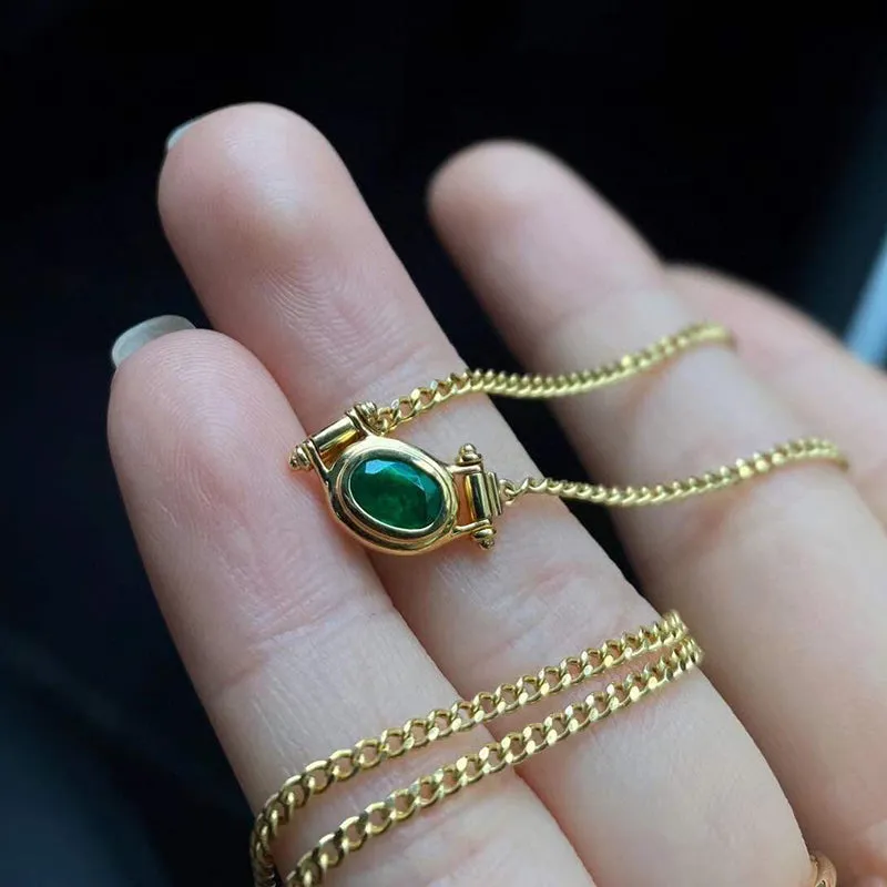 18K Gold Oval Cut 0.40ct Natural Emerald Necklace 18"