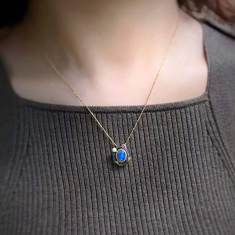 18K Gold Oval Cut 0.6ct Natural Opal Gemstone Halo Pendant Necklace 18"