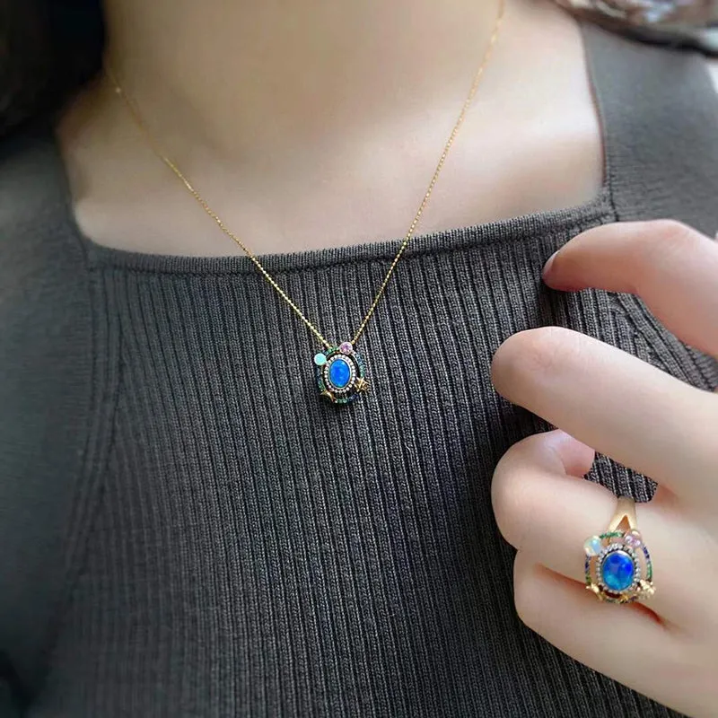 18K Gold Oval Cut 0.6ct Natural Opal Gemstone Halo Pendant Necklace 18"