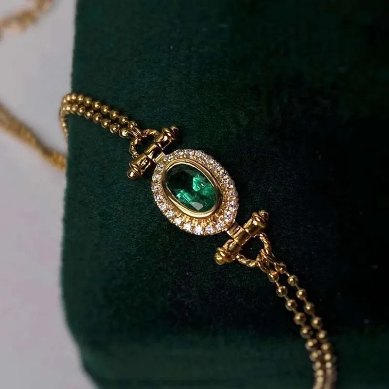 18K Gold Oval Shape 0.2ct Natural Emerald Diamond Vinatge Bracelet