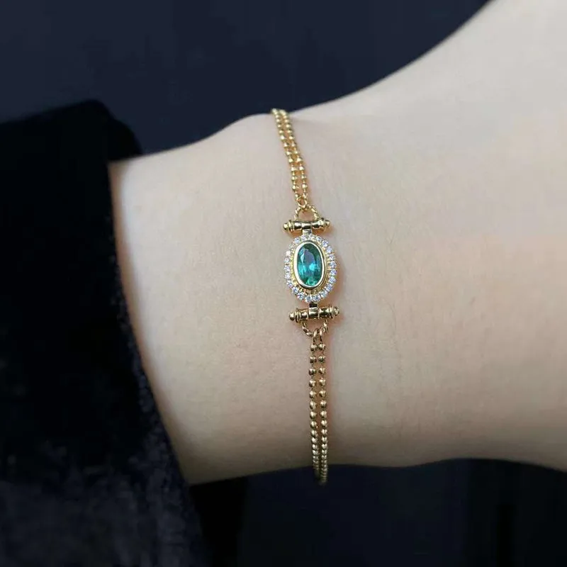18K Gold Oval Shape 0.2ct Natural Emerald Diamond Vinatge Bracelet