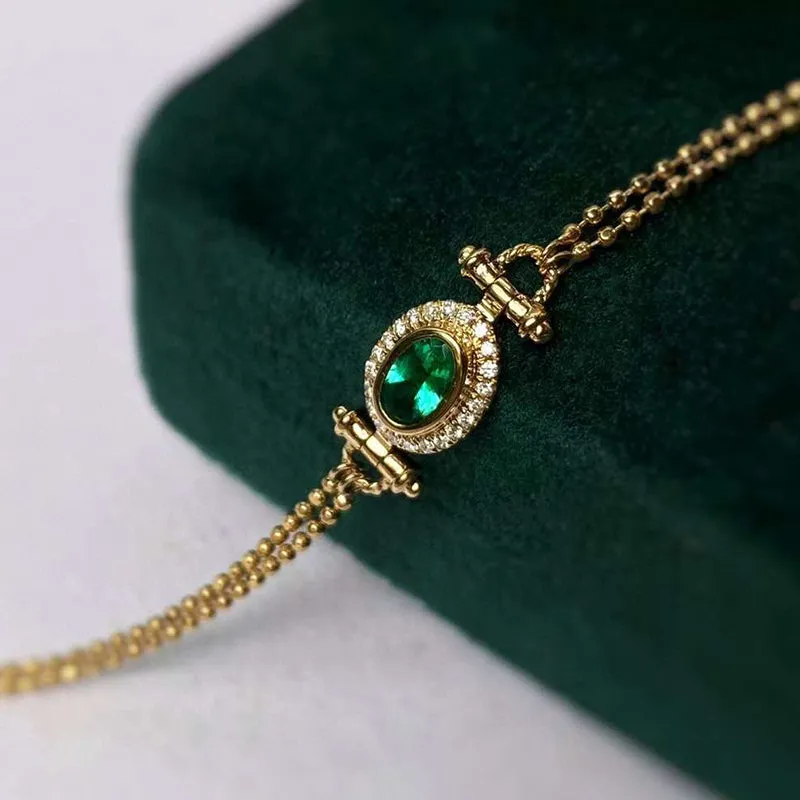 18K Gold Oval Shape 0.2ct Natural Emerald Diamond Vinatge Bracelet