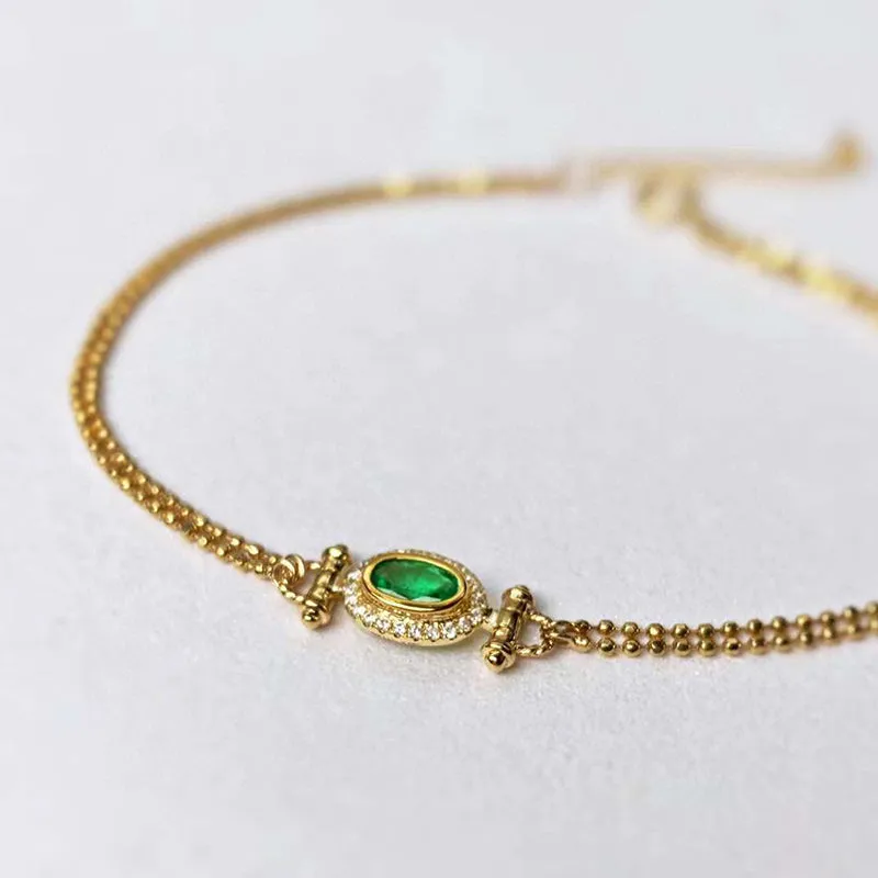 18K Gold Oval Shape 0.2ct Natural Emerald Diamond Vinatge Bracelet